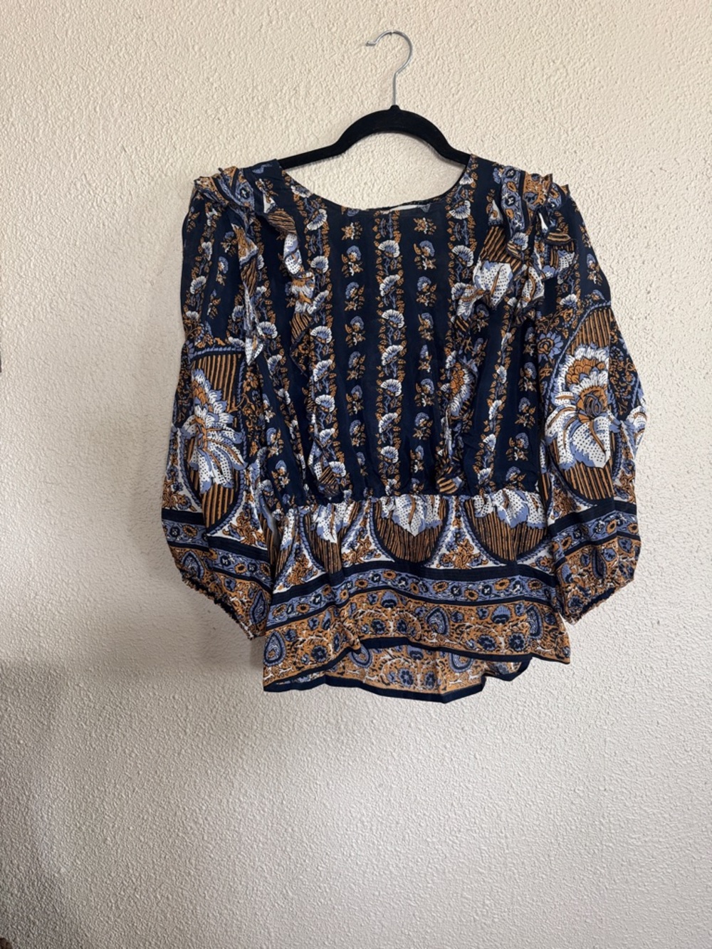Lucky Brand Navy and Mustard Floral Paisley Peasant Blouse